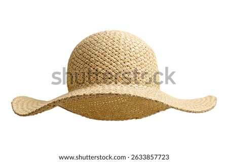 Straw beach hat front view isolated on white background. Beach hat with clipping path as design element banner, studio shot with sunlight. Summer travel cap for beach holidays on Vacation