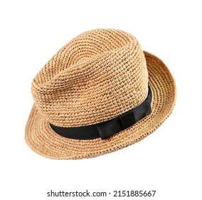 Straw Fedora Hat Isolated On White Background.