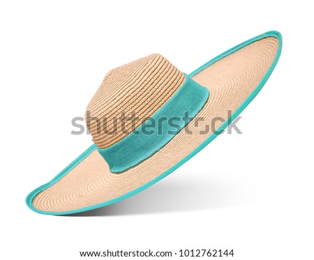 Straw hat with blue ribbon on isolated white background. Elegant hat with wide margins.