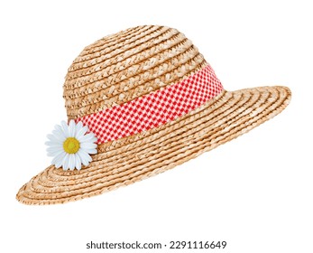 Straw hat and daisy isolated on white  background 