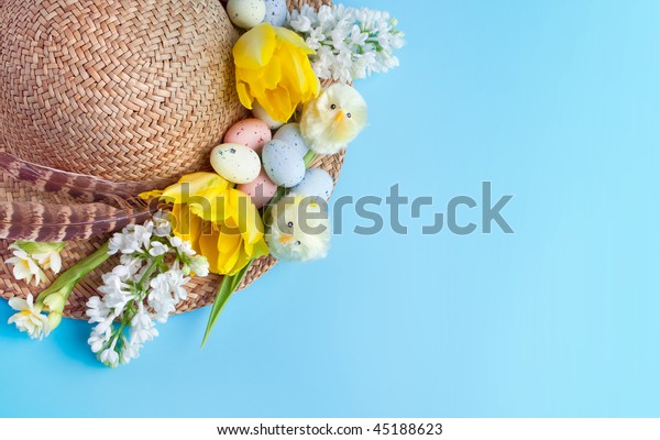 Straw Hat Decorated Easter Flowers Chicks Stock Photo Edit Now