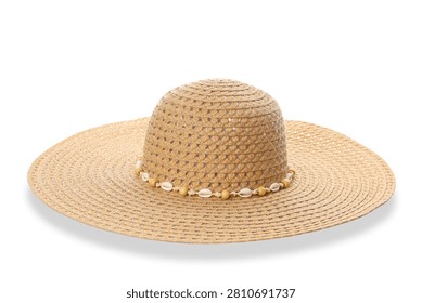 Straw hat with decorative shell band, isolated, PNG