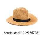 Straw hat isolated on white background. Stylish headdress. Stylish straw hats. Banner design. Panama.Women summer yellow straw hat. Fashion