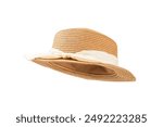 Straw hat isolated on white background. Stylish headdress. Stylish straw hats. Banner design. Panama.Women summer yellow straw hat. Fashion