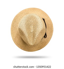 Straw hat isolated on white background. Panama hat style with black ribbon. ( Clipping path )