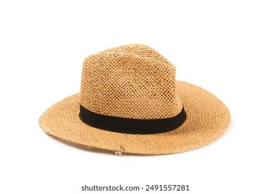 Straw hat isolated on white background. Stylish headdress. Stylish straw hats. Banner design. Panama.Women summer yellow straw hat. Fashion - Powered by Shutterstock