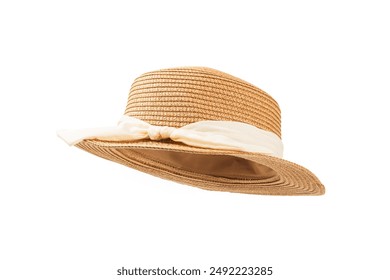 Straw hat isolated on white background. Stylish headdress. Stylish straw hats. Banner design. Panama.Women summer yellow straw hat. Fashion - Powered by Shutterstock