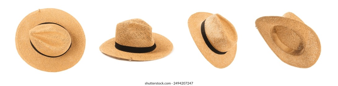 Straw hat isolated on white background. Stylish headdress. Stylish straw hats. Banner design. Panama.Women summer yellow straw hat. Fashion - Powered by Shutterstock