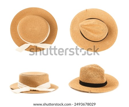 Straw hat isolated on white background. Stylish headdress. Stylish straw hats. Banner design. Panama.Women summer yellow straw hat. Fashion
