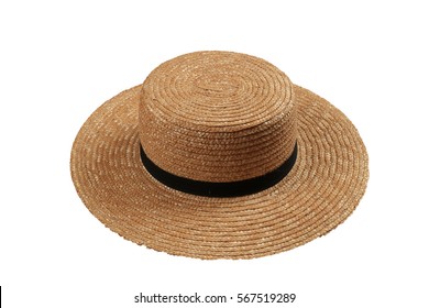 Straw Hat With Plain Design, Wide Brim, And A Simple Black Band, Worn By Amish Farmers, Isolated On White Background.