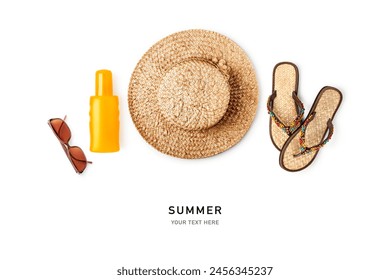 Straw hat, sunglasses, flip flops, sunscreen set isolated on white background. Summer vacation concept. sstkSummer flat lay, top view. Design element
 - Powered by Shutterstock