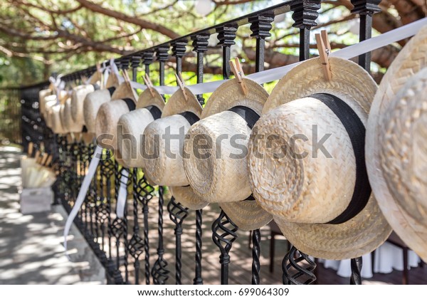 Straw Hats Wedding Decoration Closeup Stock Photo Edit Now 699064309