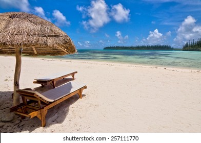 Straw Umbrella And Wooden Chairs On A Beach, Isle Of Pines, New Caledonia