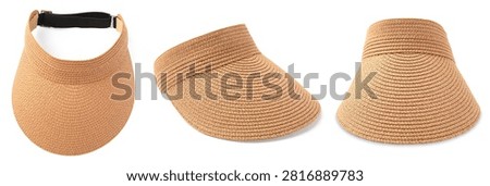Straw visor hat isolated on white, set. Summer headgear