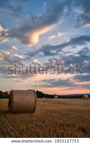Strawbale on a german field at sunset