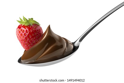 Strawbeery With Whipped Chocolate Cream On A Spoon