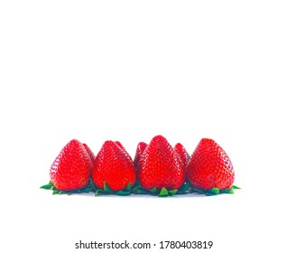 Strawberries are arranged in row on white background , close up of red and large size of strawberries with isolated.