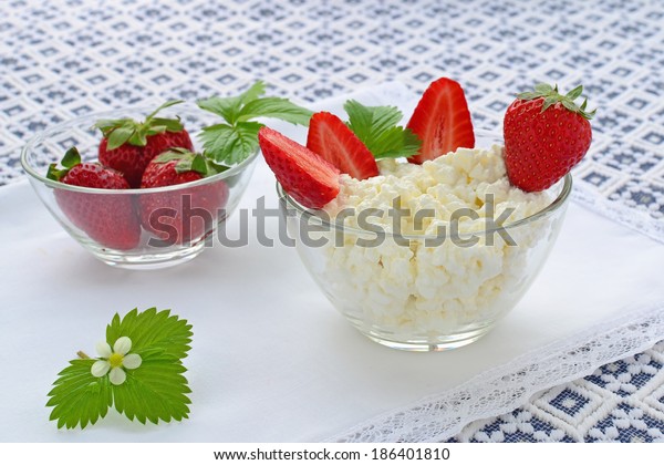 Strawberries Cottage Cheese Glass Bowl Nature Food And Drink