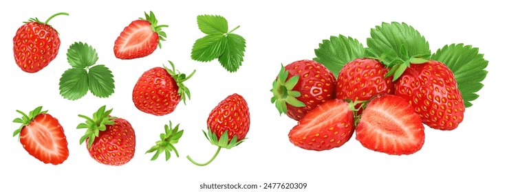 Strawberries decorated with green leaves isolated on white background. Top view. Flat lay pattern