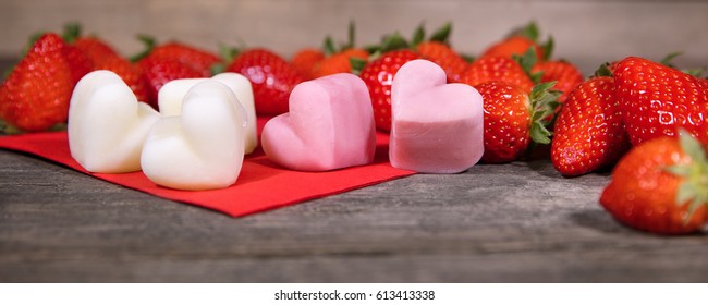 Strawberries And Frozen Yogurt, Froyo Bites In A Heart Shape, Panorama