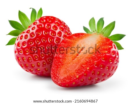 Strawberries isolated. Strawberry half and whole with leaf isolate. Two strawberries on white background with clipping path. Side view. Full depth of field. Perfect not AI strawberry, true photo.
