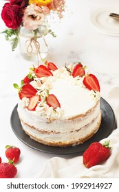 Strawberries And Heavy Cream Layered Cake. White Background