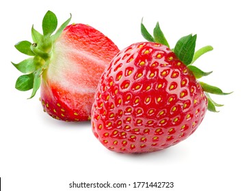 Strawberries isolated. Strawberry with leaf isolate. Whole, half, cut strawberry on white. Two strawberries isolate. Side view organic strawberries. Full depth of field. - Shutterstock ID 1771442723