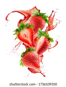 strawberries with juice splash isolated on a white background