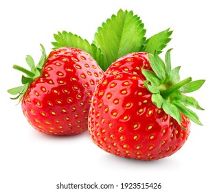 Strawberries isolated. Strawberry with leaf isolate. Two whole strawberries on white. Side view. Full depth of field.