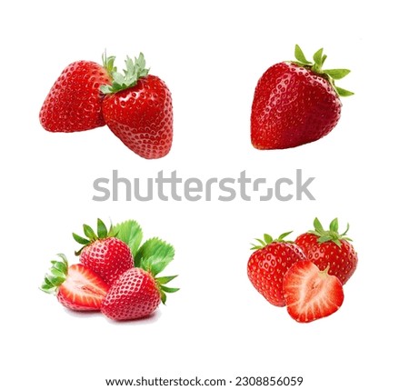 Strawberries with leaves. Whole and half strawberry isolated on white background. 4 Strawberries isolate. Side and front view strawberries set.
