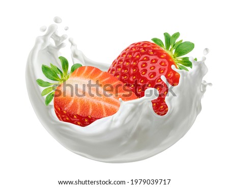 Strawberries with milk splash isolated on white background with clipping path