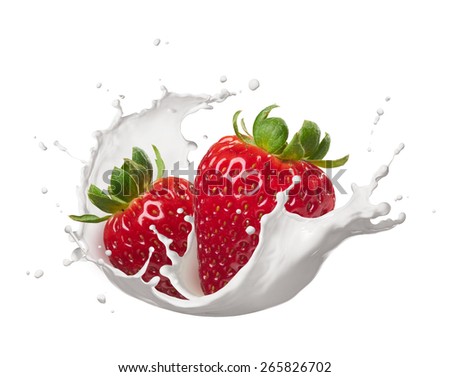 strawberries with milk splash isolated on white