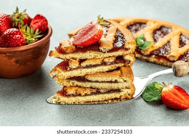 strawberries slice of cake. Single slice of crust pie, Food recipe background. Close up, - Powered by Shutterstock