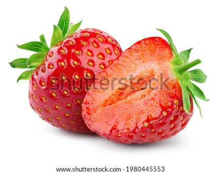 Strawberries isolated. Strawberry slice and whole berry isolate. Two strawberries on white. Side view. Full depth of field.