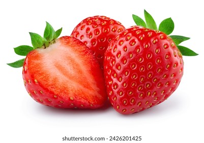 Strawberries isolated. Strawberry slice and whole on white background. Perfect retouch. Full depth of field. With clipping path. Perfect not AI strawberry, true photo. - Powered by Shutterstock