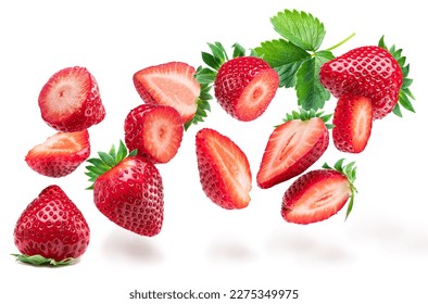 Strawberries and sliced strawberry flying in the air, isolated on white background.