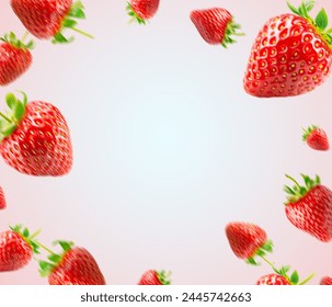 Strawberries and sliced strawberry flying in the air, isolated on white background. Falling strawberry isolated on white background.
