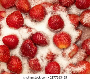 Strawberries Are Sprinkled With Sugar To Give Juice Before Making Jam. Cooking At Home.