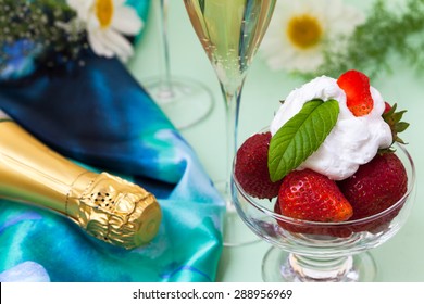 Strawberries With Whipped Cream And Champagne On Wimbledon