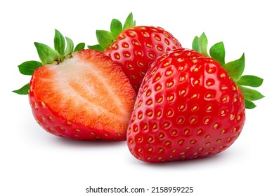 Strawberries isolated. Strawberry whole and a half on white background. Strawberry slice. With clipping path. Full depth of field.