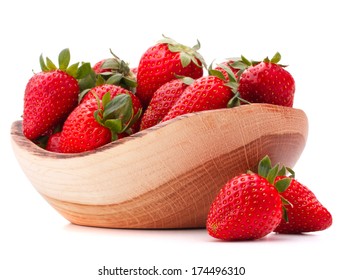 Strawberries In Wooden Bowl Isolated On White Background Cutout