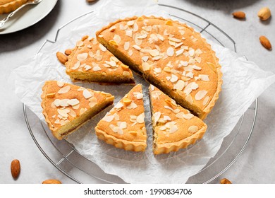 Strawberry Almond Bakewell Tart. Traditional British cuisine. Light gray background.	 - Shutterstock ID 1990834706