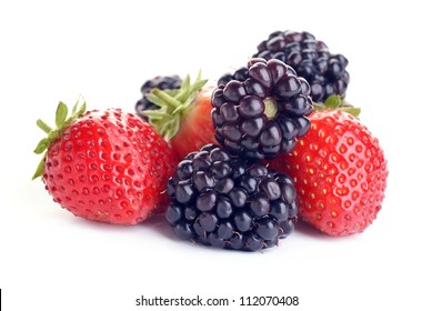 strawberry and blackberry on white background