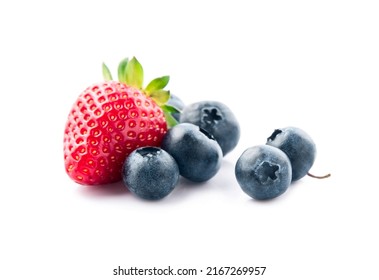 Strawberry and blueberry on white backgrounds.