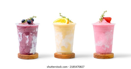 Strawberry, blueberry and orange yogurt smoothie with Strawberry blueberry and orange fruit, isolated on white background. coffee shop cafe menu concept. - Shutterstock ID 2185470827