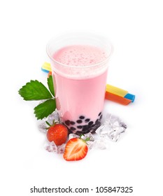 Strawberry Boba Bubble Tea With Fruits And Crushed Ice.