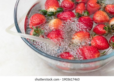 Strawberry In A Bowl With Water With A Round Ozonating Stone. Tubes Leading To Oxygen Pump And Ozone Generator. Ozonation Fruit. Food Disinfection With Ozon