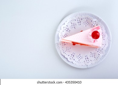 Strawberry Cake With Cherry On Top - White Background