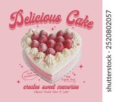 strawberry cake design with the words "delicious cake", a graphic that can be used for a t shirt, vector illustration