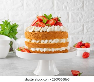 Strawberry Cake, Vanilla Sponge Cake With Cream Cheese And Fresh Strawberries. Summer Cake. Selective Focus